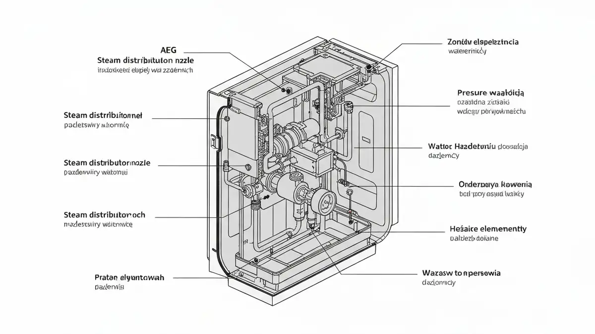 Zmywarka AEG z widocznym systemem ProSteam i rozpylaczem pary – schemat techniczny
