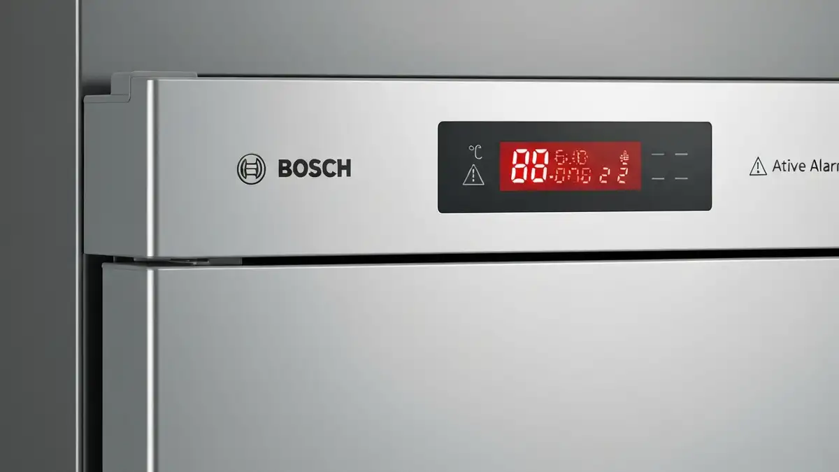Lodówka Bosch z włączonym alarmem temperatury - czerwona dioda LED i wyświetlacz ostrzeżenia