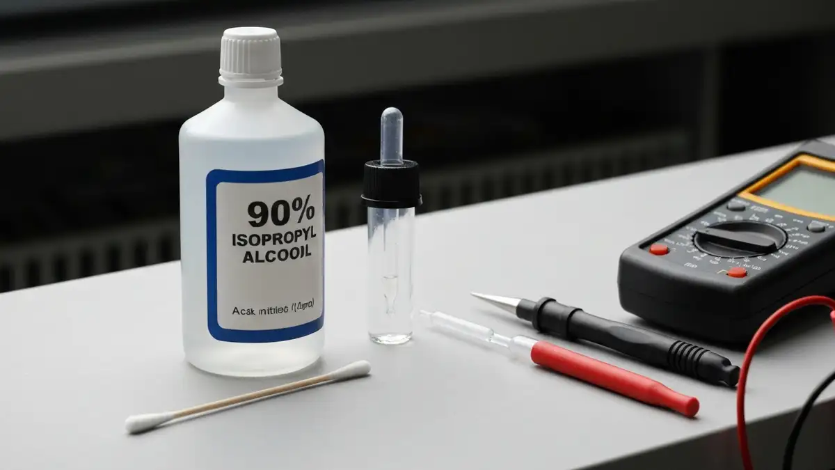 Butelka alkoholu izopropylowego 90%, gąbka bawełniana, pipeta, rękawiczki ochronne i multimetr na stole roboczym, w tle praca przy styków pralki.