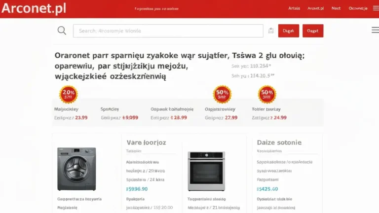 Strona internetowa Arconet.pl z sekcją wyszukiwania części AGD i kategorii produktów