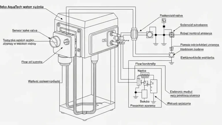 Schemat techniczny systemu Beko AquaTech – komponenty czujnika, elektrozaworu i sterownika