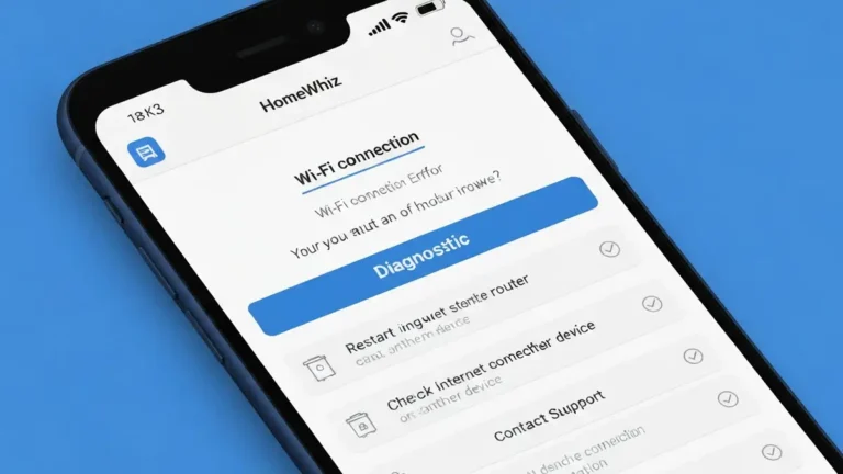 Ekran aplikacji Beko HomeWhiz na smartfonie pokazujący błąd połączenia Wi-Fi i opcje resetowania