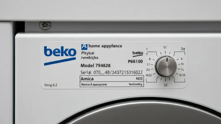 Tabliczka znamionowa z numerem modelu urządzenia Beko i Amica, widok z boku pralki lub zmywarki