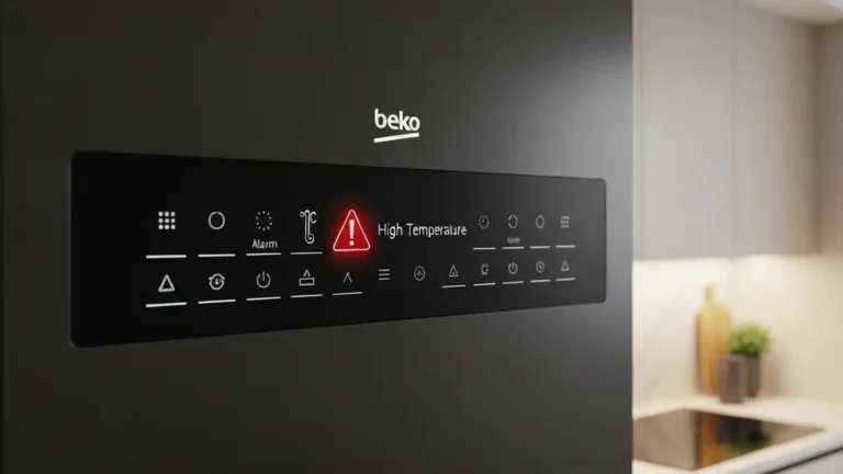 Zbliżenie na panel sterowania lodówki Beko z zapalonym sygnałem alarmu temperatury na wyświetlaczu LCD