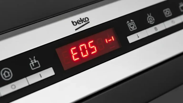 Wyświetlacz Beko zmywarki pokazujący kod błędu E05 na czerwonym tle alarmu