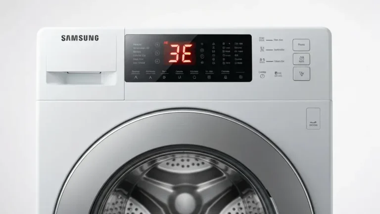 Pralka Samsung z wyświetlonym kodem błędu 3E na panelu elektronicznym, widok z przodu