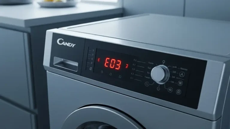 Błąd E03 wyświetlany na wyświetlaczu pralki Candy Simply-Fi z zilustrowanym zamkiem drzwi