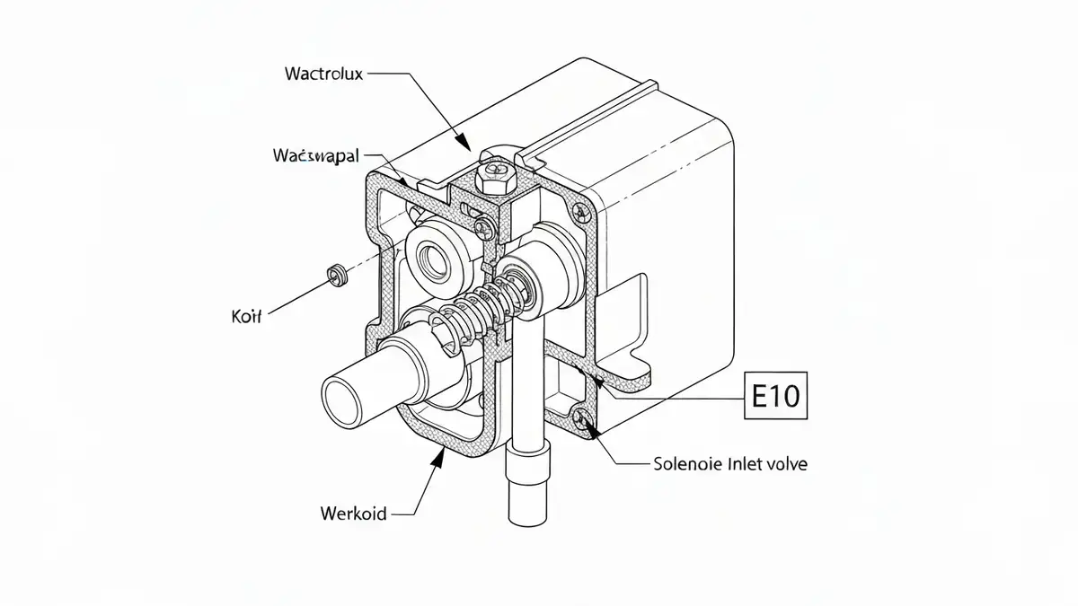 Diagram zaworu wlotowego pralki Electrolux z kodem błędu E10 – schemat części i przepływu wody