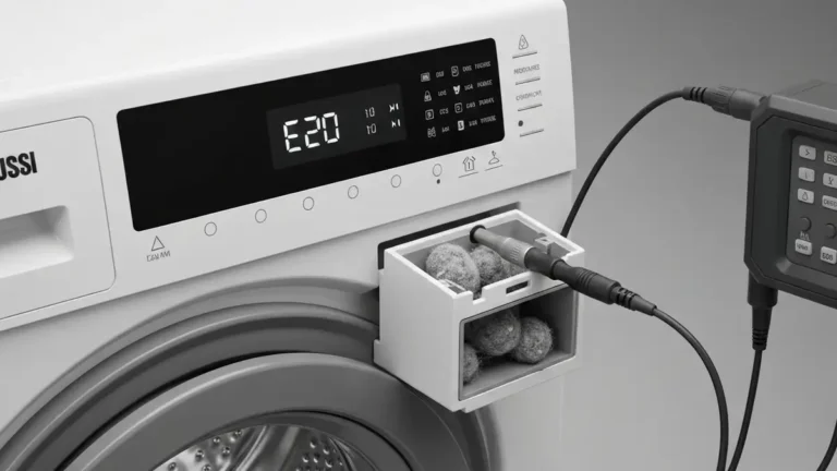 Pralka Zanussi wyświetlająca błąd E20 na wyświetlaczu LCD, filter pompy odpływowej w zbliżeniu