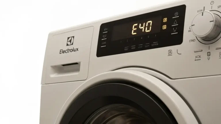 Wyświetlacz pralki Electrolux pokazujący kod błędu E40 i zamek drzwi w zbliżeniu