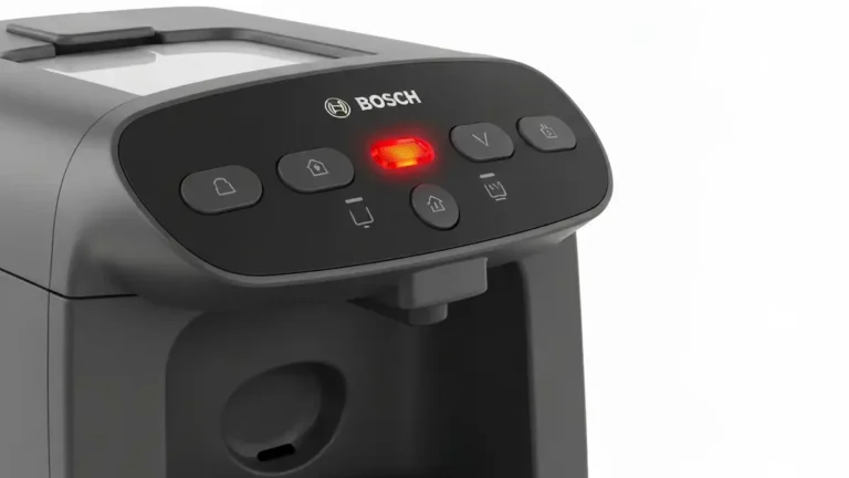 Ekspres Bosch Tassimo z widocznym migającym czerwonym światłem na obudowie, zbliżenie na lampkę błędu