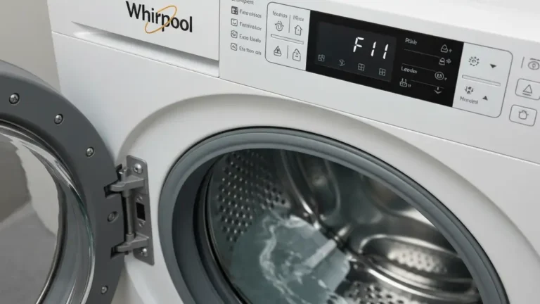 Kod błędu F11 na wyświetlaczu pralki Whirlpool i przerwane pranie z wodą w bębnie