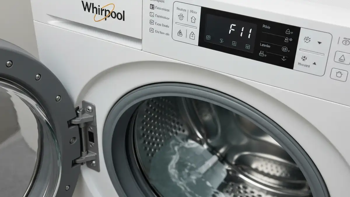 Kod błędu F11 na wyświetlaczu pralki Whirlpool i przerwane pranie z wodą w bębnie