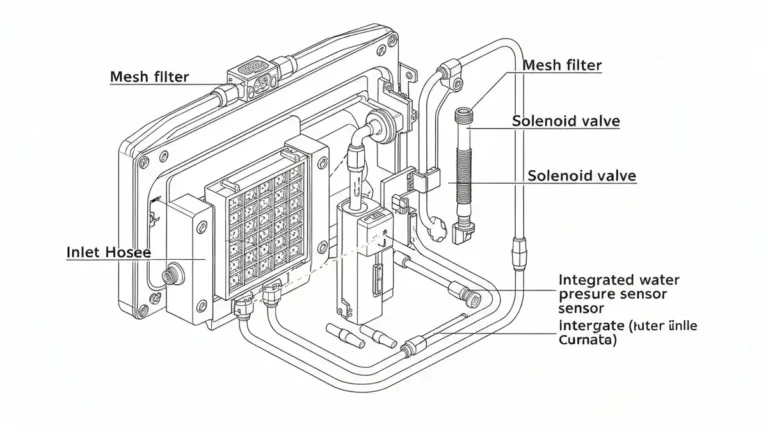 Schemat dopływu wody w pralce LG z zaznaczonym filtrem siatkowym i zaworem elektromagnetycznym