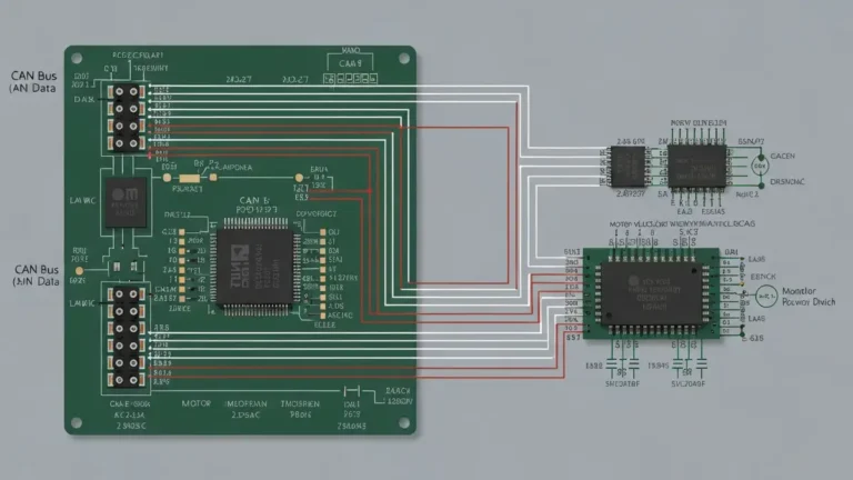 Schemat magistrali danych CAN w module PCB pralki – przewody komunikacyjne zaznaczone na płytce drukowanej