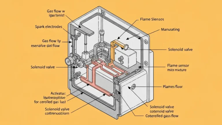 Schemat zapalniczki gazowej i czujnika płomienia w piekarniku, zaznaczające elektrody iskry i czujnik termiczny