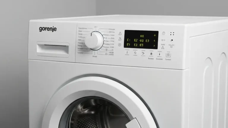 Gorenje pralka z wyświetlaczem kodów błędów E1, E2, E3 w bliskim ujęciu