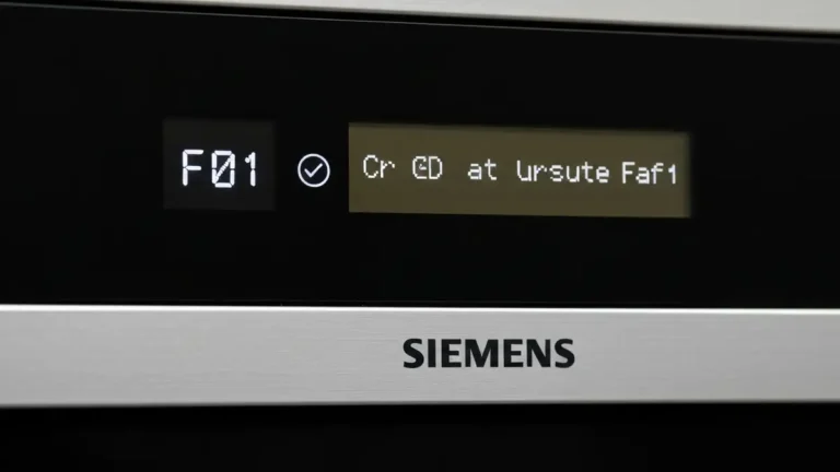 Wyświetlacz piekarnika Siemens pokazujący kod błędu F01 na czarnym tle