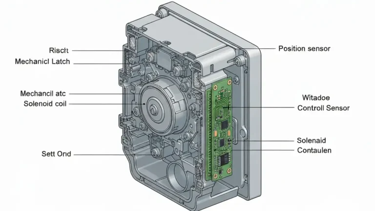 Schemat blokady drzwi pralki - zamek mechaniczny, elektrozaczęp i moduł sterujący