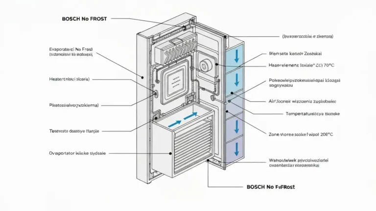 Schemat systemu No Frost w lodówce Bosch: испаритель, grzałka, termostat i układ obiegu powietrza