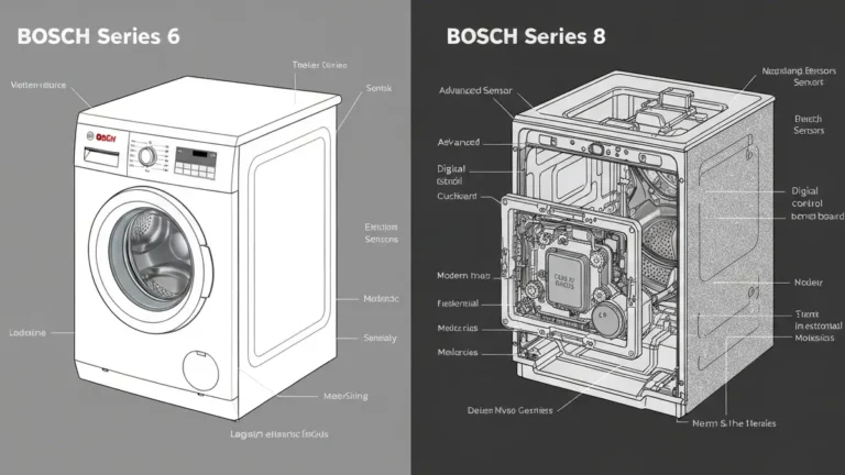 Porównanie technicznego wnętrza pralki Bosch Seria 6 i Seria 8 – różne sterowniki, silniki i komponenty umieszczone obok siebie