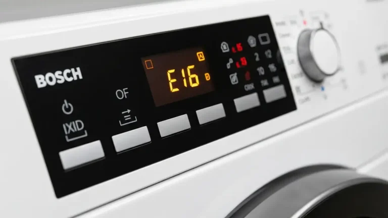 Panel wyświetlacza suszarki Bosch z kodem błędu E16 wyświetlanym na ekranie LCD