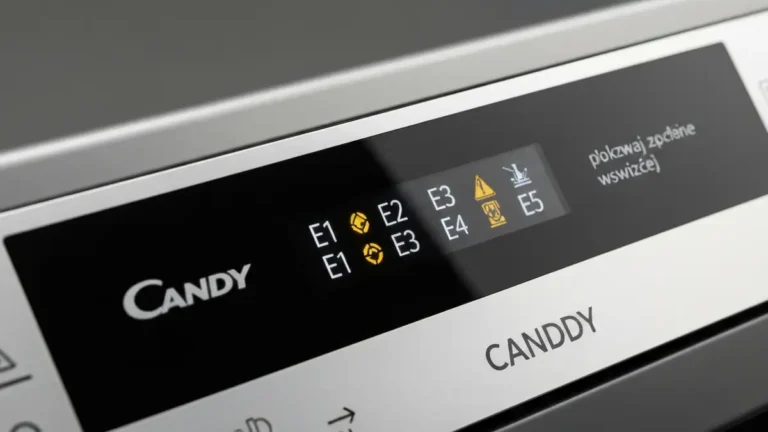 Wyświetlacz zmywarki Candy pokazujący kody błędów E1 do E5 z opisami