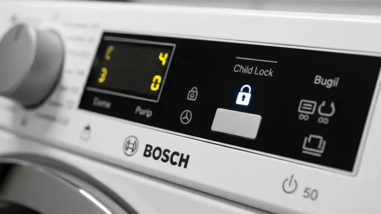 Panel sterowania pralki Bosch z wyróżnionym przyciskiem Child Lock i ikonką kłódki na wyświetlaczu