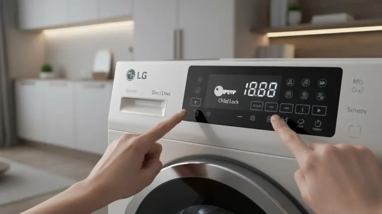 Panel sterowania pralki LG Direct Drive z widocznym symbolem Child Lock i przyciskami aktywacji blokady