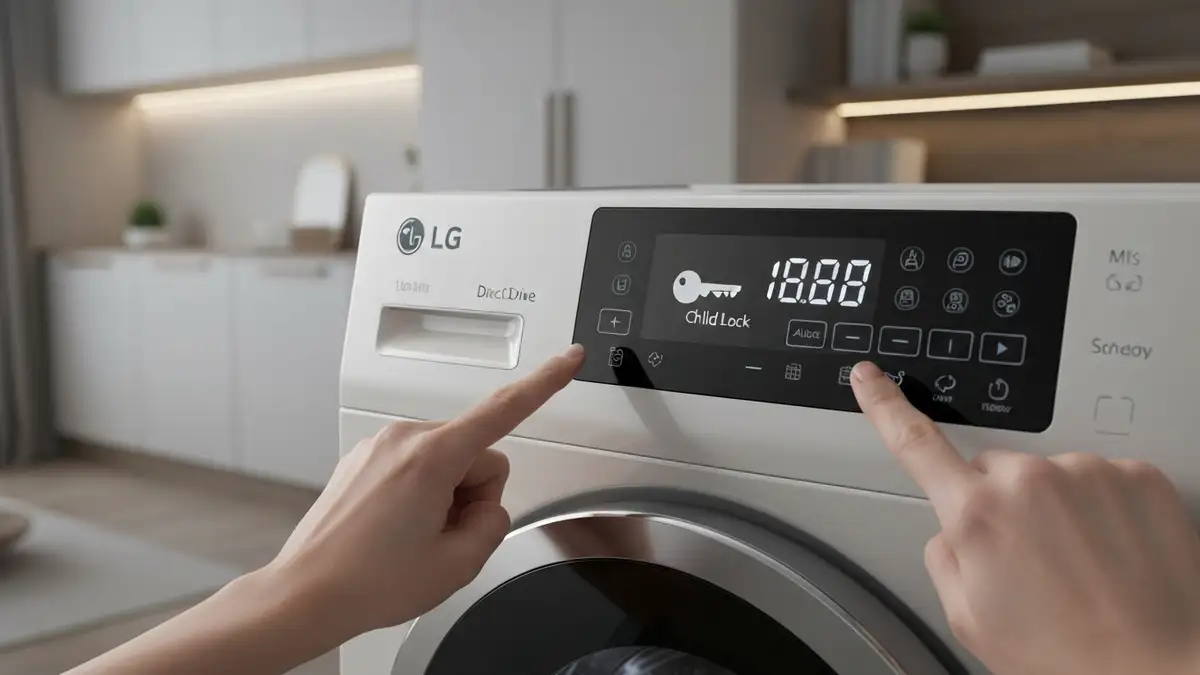 Panel sterowania pralki LG Direct Drive z widocznym symbolem Child Lock i przyciskami aktywacji blokady