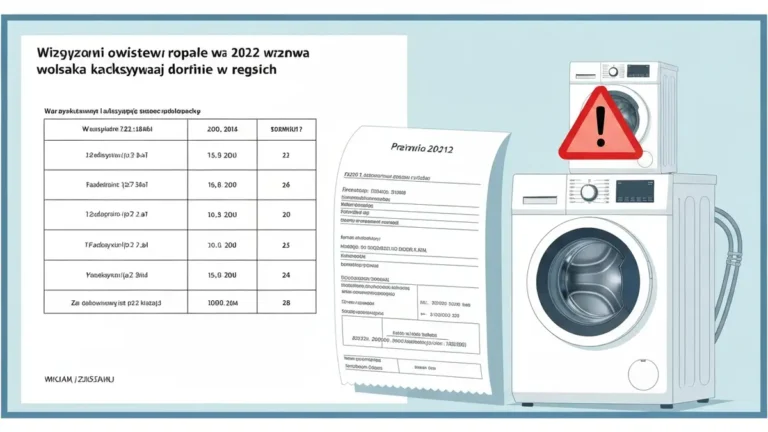 Papier z tabelą praw konsumenta, rachunek za naprawę serwisu AGD, pralka z czerwonym znakiem ostrzeżenia