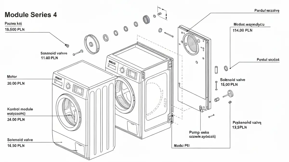 Rozbór modułów pralki Bosch Seria 4 – silnik, moduł sterowania, pompa i zawory solenoidowe