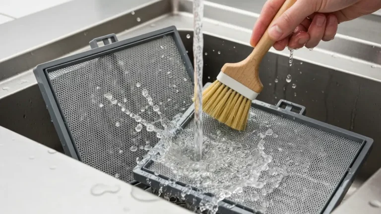 Czyszczenie filtrów zmywarki – widok filtra grubego i drobnego w komorze zmywarki