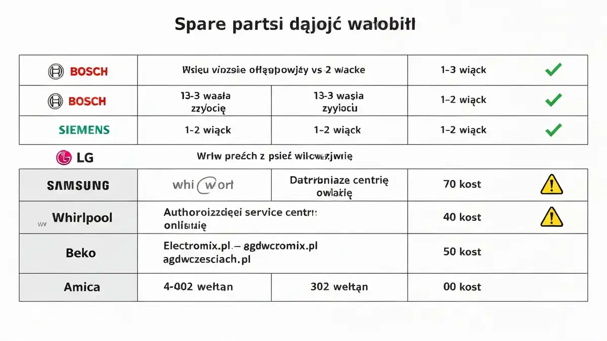 Porównanie dostępności części zamiennych dla marek AGD (Bosch, Samsung, LG, Whirlpool) – tabela z czasami dostawy i kanałami zakupu
