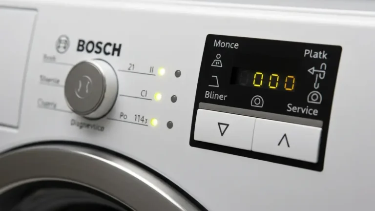 Panel przedniego pralki Bosch z dwiema migającymi lampkami diagnostycznymi obok przycisku startu