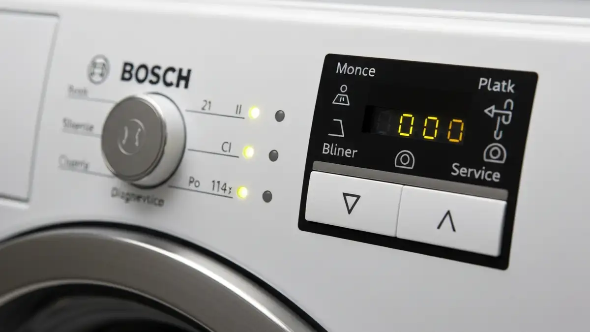 Panel przedniego pralki Bosch z dwiema migającymi lampkami diagnostycznymi obok przycisku startu