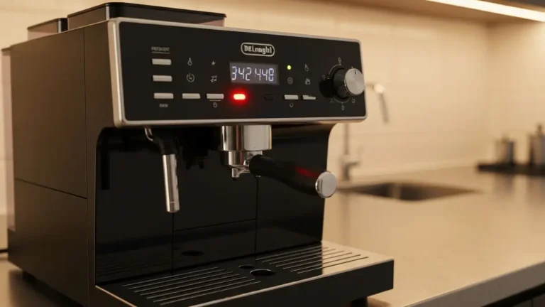 Ekspres Delonghi z włączoną czerwoną lampką ostrzegawczą na panelu sterowania