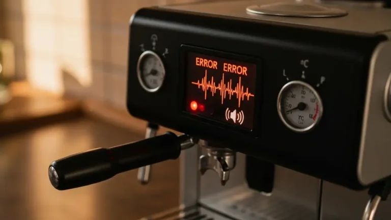 Espresso maker display showing beeping sound waves and temperature gauge error indicator on control panel