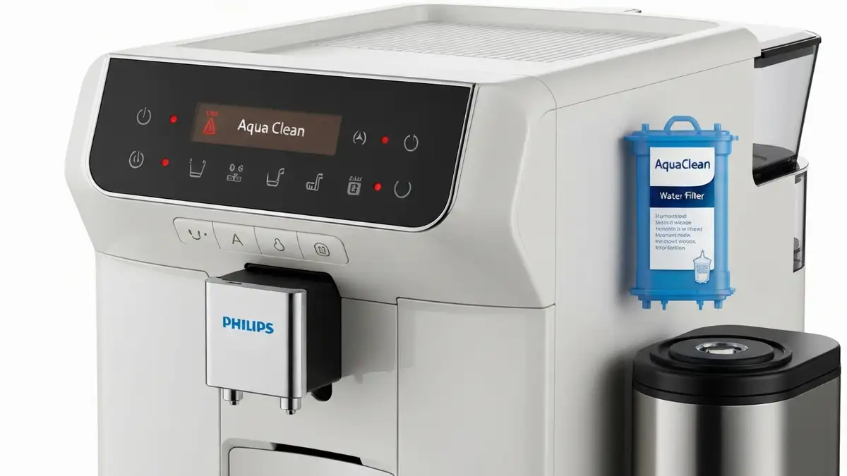 Ekspres do kawy Philips z widoczną lampką aqua clean migającą w panelu kontrolnym, filtr wodno-odkamieniający obok