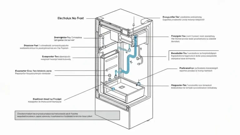 Schematyczny rysunek lodówki Electrolux z systemem No Frost, pokazujący kanał odpływu, wentylator i czujnik temperatury