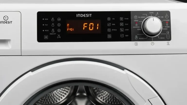 Pralka Indesit z wyświetlonym kodem błędu F01 na panelu sterowania, moduł elektroniczny w tle