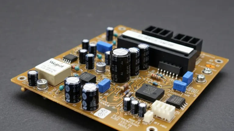 Moduł elektroniczny PCB pralki Whirlpool z widocznymi kondensatorami i tranzystorami, zdjęcie technicznego serwisu
