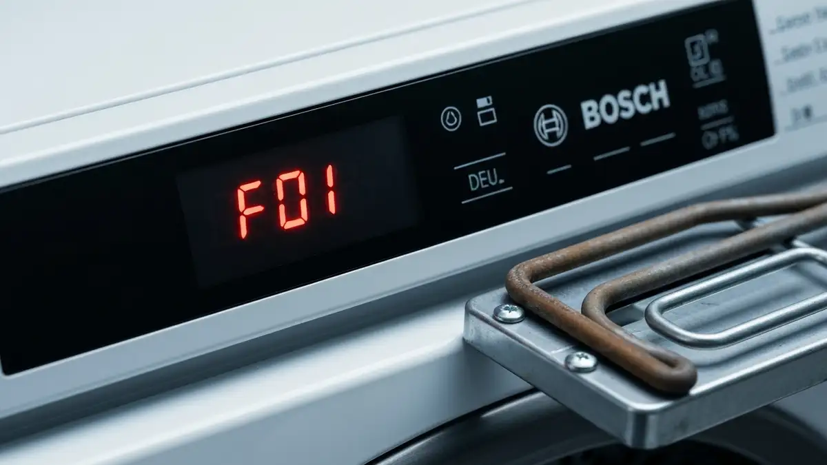 Kod błędu F01 wyświetlany na ekranie suszarki bębnowej Bosch, grzałka obok