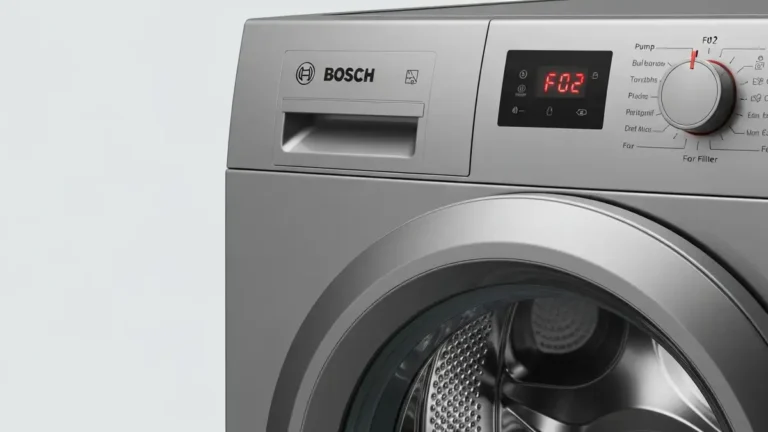 Kod błędu F02 w pralce Bosch wyświetlany na panelu – brak odpływu wody