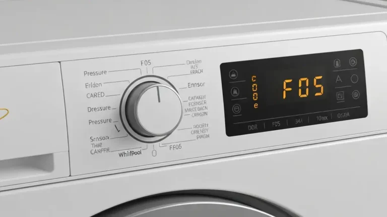 Pralka Whirlpool wyświetlająca kod błędu F05 na wyświetlaczu, czujnik ciśnienia i wąż odpływowy w tle