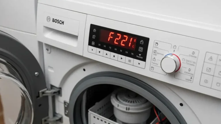 Pralka Bosch lub Siemens z wyświetlonym kodem błędu F21 na wyświetlaczu, w tle widoczna pompa odpływowa