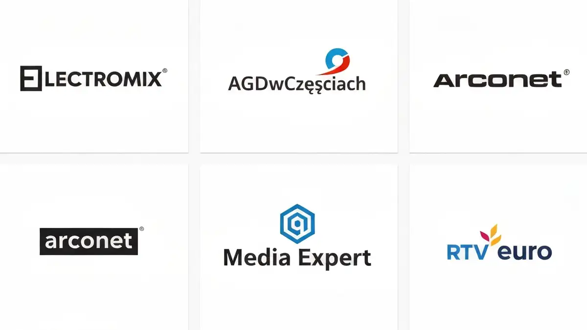 Porównanie Logo głównych polskich sklepów części i narzędzi do AGD: Electromix, AGDwCzęściach, Arconet, Media Expert, RTV Euro