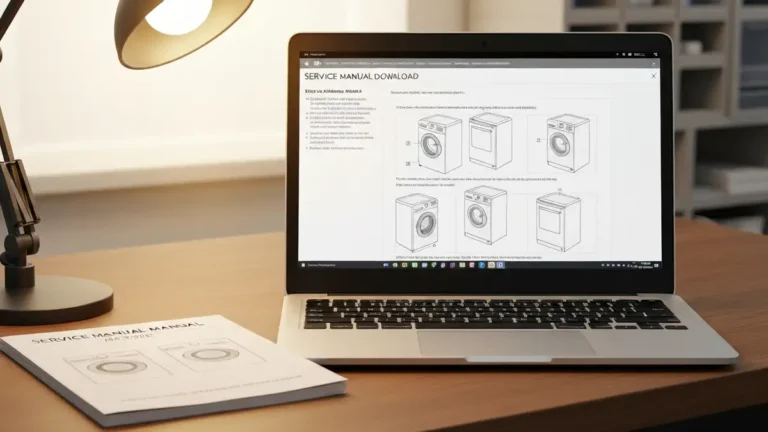 Laptop z ekranem pokazującym stronę pobierania instrukcji serwisowej pralki, obok fizyczna instrukcja drukowana i numer modelu urządzenia