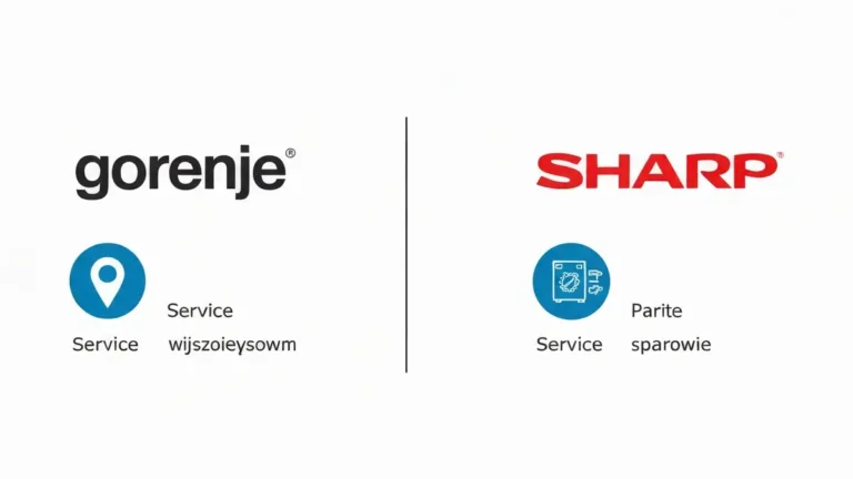 Logo marek Gorenje i Sharp z ikonami serwisu i części zamiennych