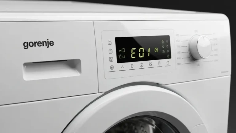 Wyświetlacz pralki Gorenje pokazujący kod błędu E01 na ekranie LCD